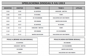 Schema dinsdag 9 juli