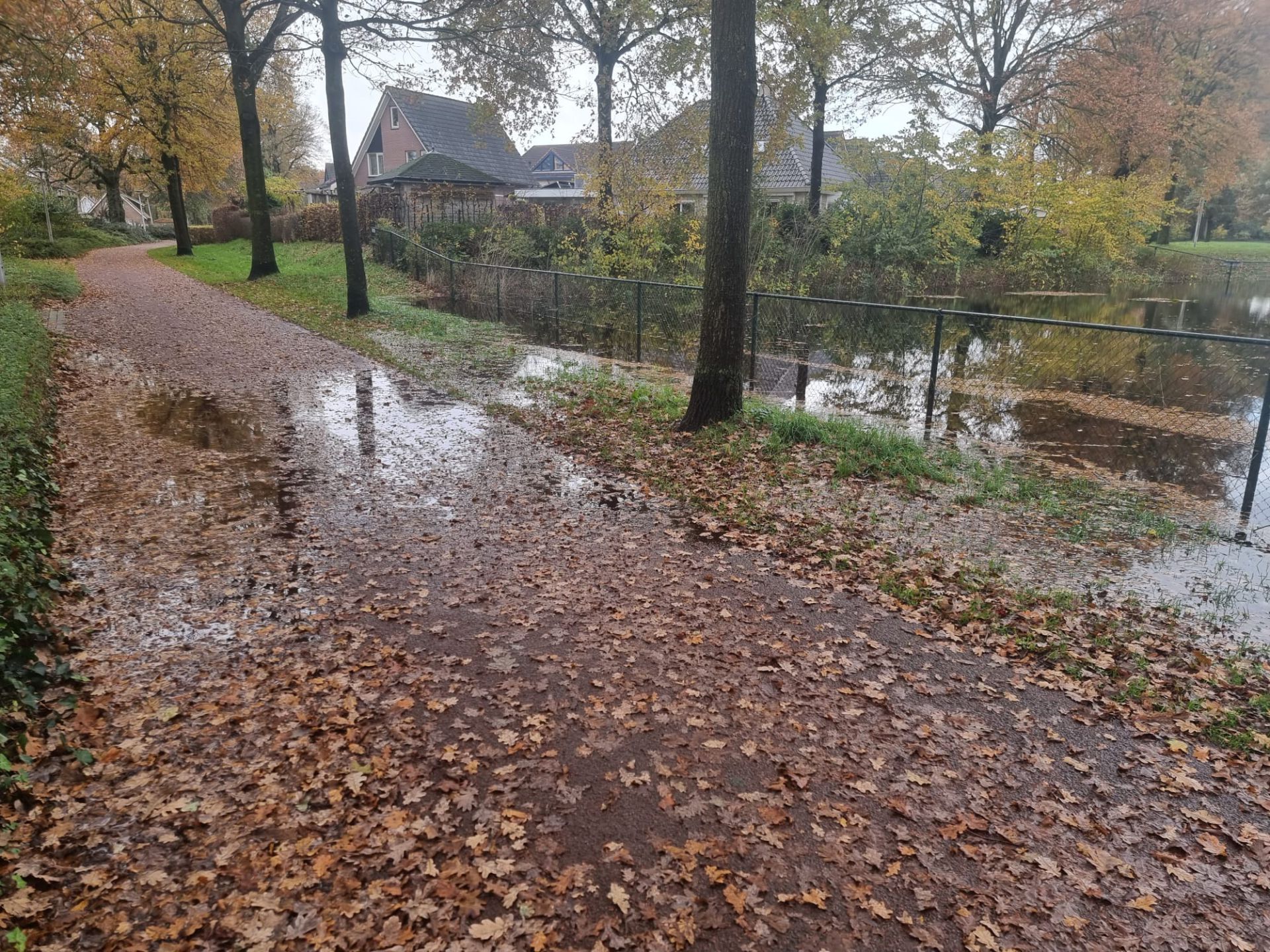 Rode pad onder water: Noodoplossing voor overstroomde Deldense vijver